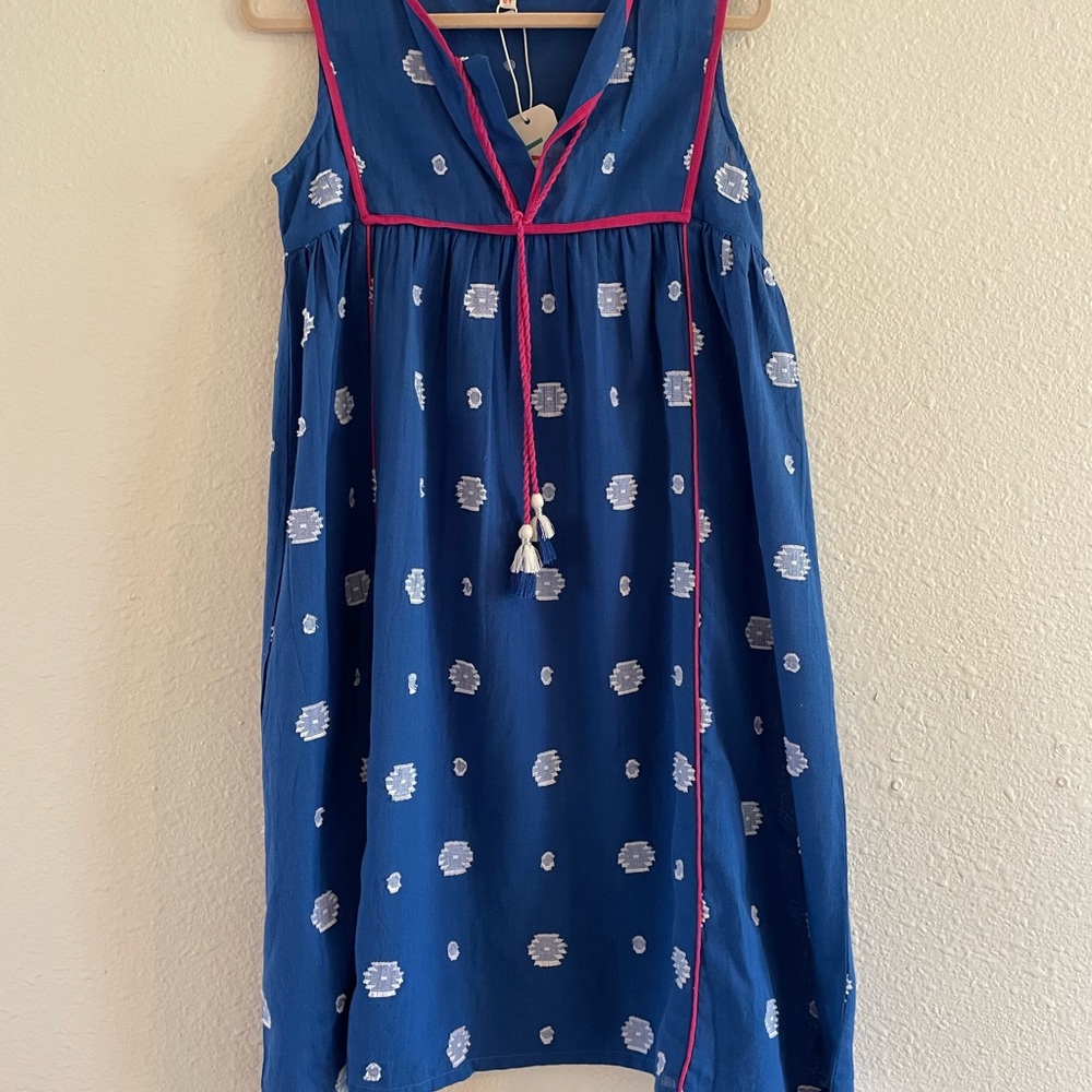 Blue Sleeveless Summer Dress with Pink Trim